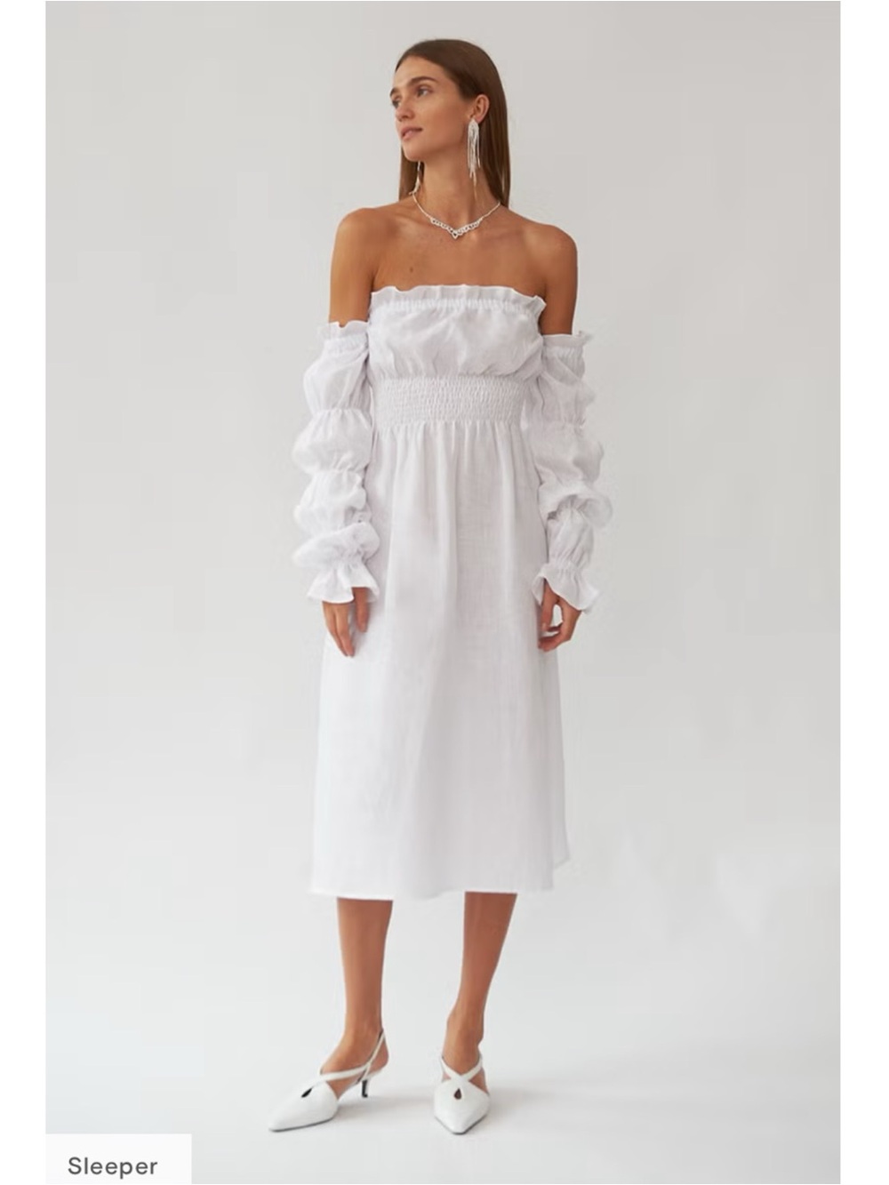 SLEEPER Michelin Linen Off-Shoulder Midi Puff Sleeves in White S $320